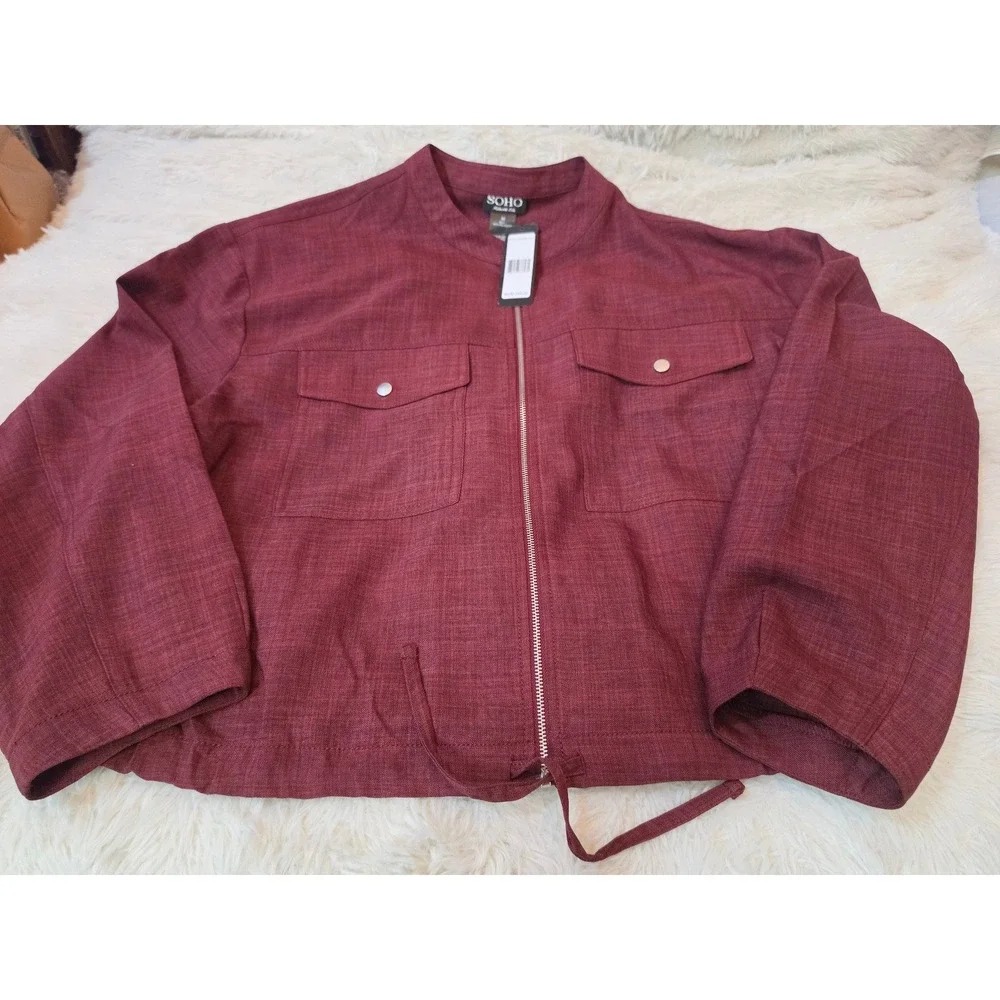 SOHO Apparel NWT Burgundy Full Zip Drawstring Utility Jacket Medium MSRP $60
